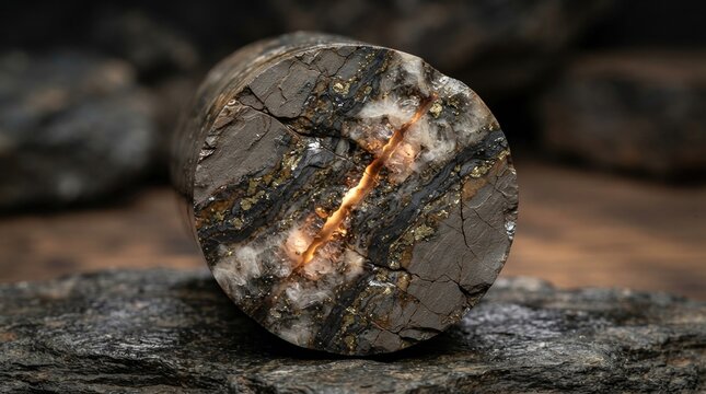 Hydrothermal ore core with hematite layers, quartz veins, chalcopyrite flecks, and glowing fissure between mineral bands.