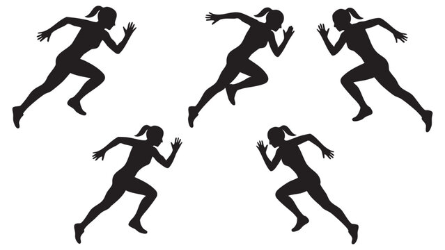 Running woman silhouettes in various poses black on white background