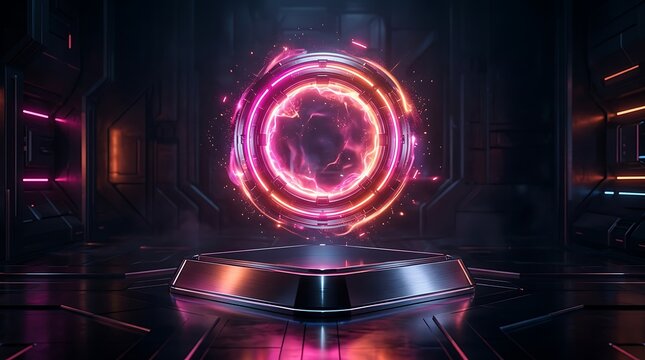 Glowing pink and blue neon circle portal floating above a dark metallic pedestal in a futuristic digital room