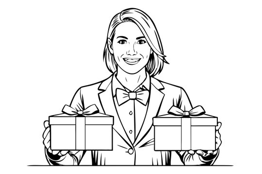 Smiling Woman Holding Wrapped Gift Box with Ribbon Black Vector Line Art Illustration Isolated on White Background
