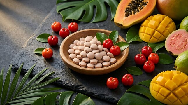 Fresh tropical fruits with a wooden bowl full of small round cookies arranged on a dark stone table decorated with green palm leaves for a healthy snack or summer food photography concept background. 