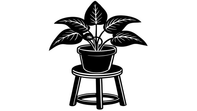 Potted Sprout Plant on Wooden Stool Stand Black Silhouette Vector Icon Isolated on White Background