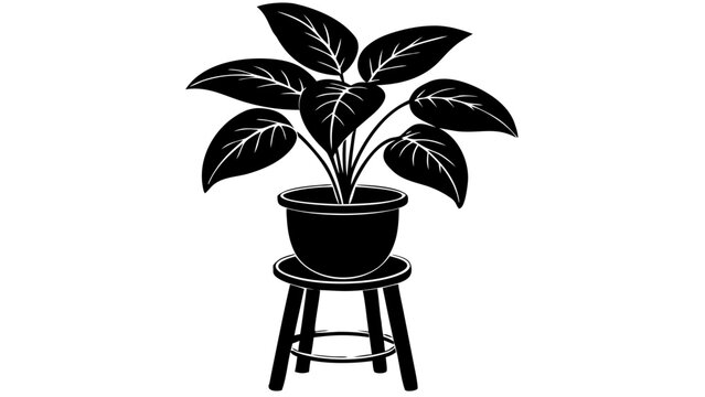 Potted Sprout Plant on Wooden Stool Stand Black Silhouette Vector Icon Isolated on White Background
