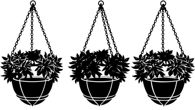 Three Hanging Flower Baskets with Trailing Vines on Rod Black Silhouette Vector Icon Isolated on White Background