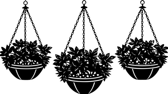 Three Hanging Flower Baskets with Trailing Vines on Rod Black Silhouette Vector Icon Isolated on White Background