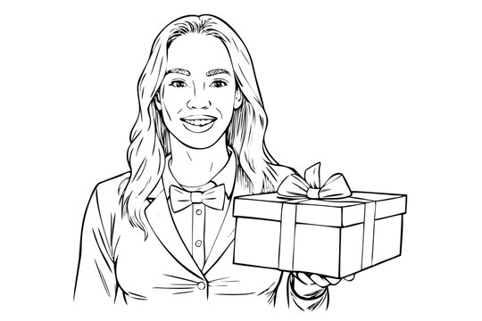 Smiling Woman Holding Wrapped Gift Box with Ribbon Black Vector Line Art Illustration Isolated on White Background