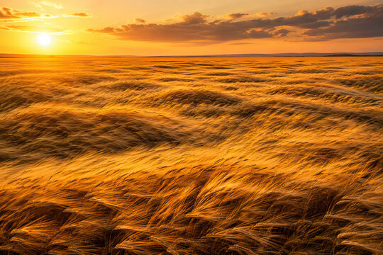 A breathtaking realistic depiction of a sunset over an expansive field, showcasing a transition of warm orange to deep blue skies and wispy clouds.