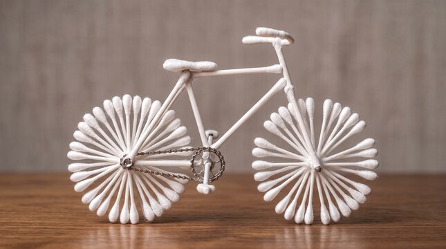 This image shows an intricate miniature bicycle sculpture made almost entirely out of white cotton swabs (Q-tips). The structure cleverly uses the plastic/paper sticks for the bicycle's frame, handleb