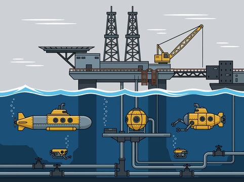 Offshore Oil Rig Platform with Underwater Submarines and Pipeline Illustration