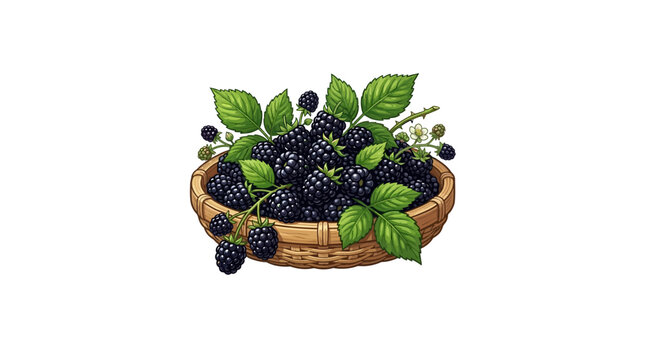Wicker basket filled with fresh ripe blackberries and green leaves.