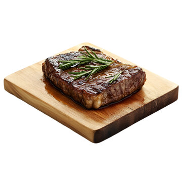 Grilled beef steak with rosemary on a wooden board isolated on transparent background