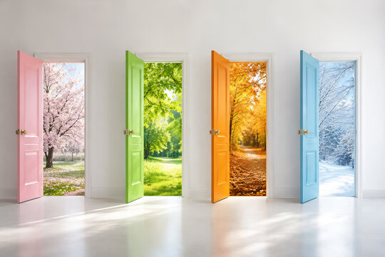 Four distinct doors, each painted in vibrant colors &ndash; pink, green, orange, and white &ndash; showcase diverse seasonal landscapes: cherry blossoms, lush forest, autumnal leaves, and a winter scene.