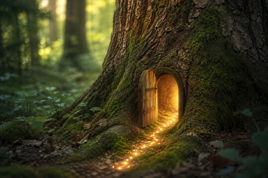 A mystical forest scene featuring a weathered wooden door embedded in a moss-covered tree trunk, suggesting a portal to another world.
