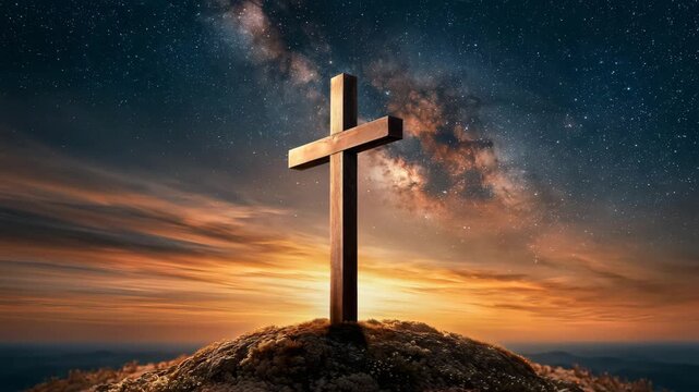Time Lapse of Cross Silhouette From Sunset to Starry Night Sky