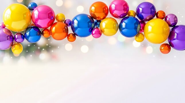 Colorful shiny glossy spheres arranged in a festive horizontal row with bright vibrant colors for party celebration
