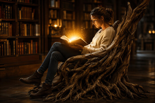 A solitary figure is deeply engrossed in reading a book, seated on a large tree branch within a quiet, literary environment filled with bookshelves, creating a serene and contemplative mood.