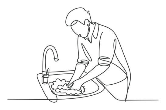 L&iacute;nea continua de un hombre lavando platos en el fregadero de la cocina