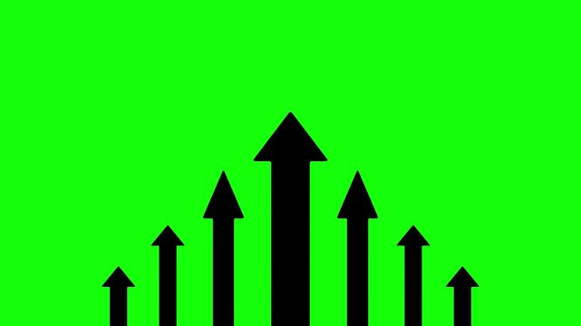 Conceptual graphic showcasing a series of black arrows pointing skyward on a Bright Green Screen for Easy Chroma Keying, representing steady progress, financial gains, and overall business improvement