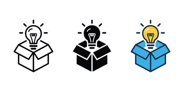 Box idea icon with light bulb out of box symbols for creative thinking, innovation, problem solving, and business inspiration