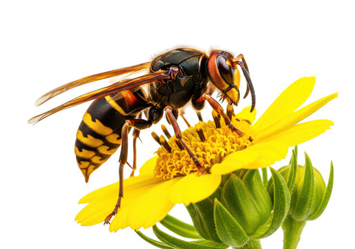 large hornet insect sitting on yellow flower with green leaves on transparent background.