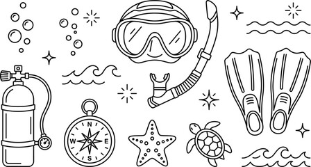 Scuba diving snorkeling ocean adventure line art icon set with mask snorkel oxygen tank flippers compass turtle vector © MD