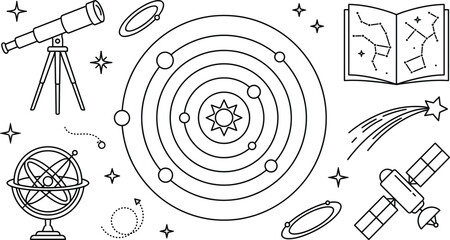 Solar system astronomy line art icon set with telescope satellite constellation book armillary sphere comet and planets vector © MD