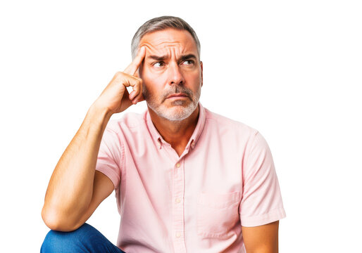 Mature man thinking with hand on forehead isolated against grey checkered background.