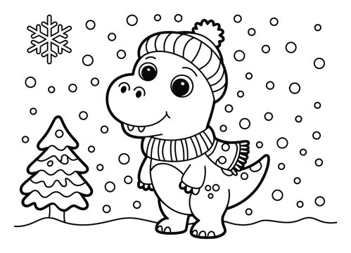 Lindo beb&eacute; dinosaurio con gorro y bufanda de invierno para colorear
