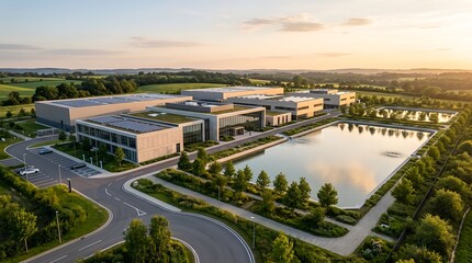 Fototapeta premium Modern sustainable corporate office complex with solar panels at sunset