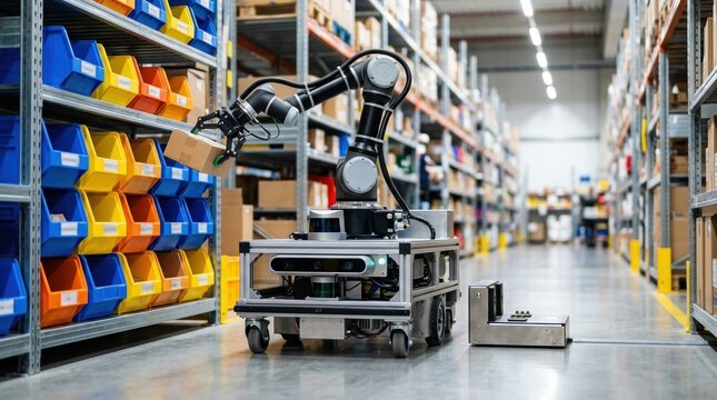 Autonomous mobile robot with articulated arm, depth sensors, charging dock, and parcel bins in a warehouse aisle for logistics automation.