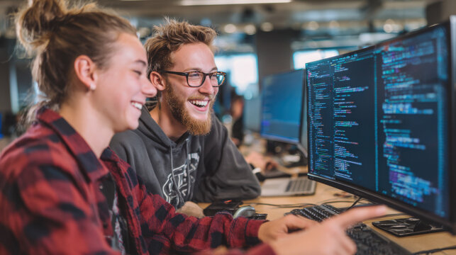 Two happy software developers working together on computer code in a modern office