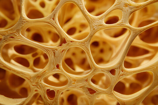 Trabecular bone cross section macro structure in warm amber gold tones on amber background