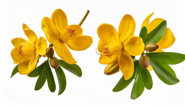 Two Branches Of Blooming Yellow Ochna Integerrima Flowers Isolated On Transparent Background