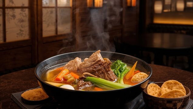 Unique oxtail broth with veggies and emping chips.