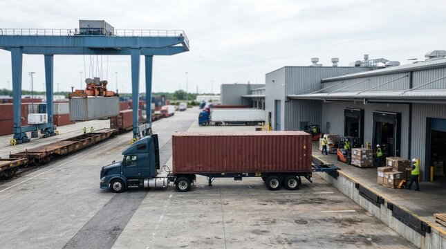 Freight logistics concept with semi truck cab, container chassis, cargo containers, palletized freight, dock, and gantry crane.