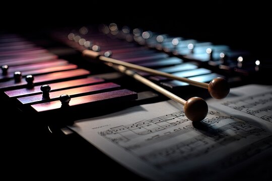 Close-up of a musical instrument, featuring keys, mallets, and sheet music in a darkened environment