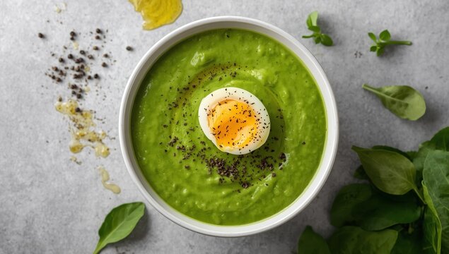 Homemade green spinach cream soup with boiled egg, close-up top view on a neutral gray backdrop, healthy eating idea.