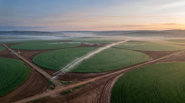Aerial view of agricultural center pivot irrigation system in farm fields