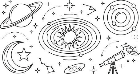 Solar System and Space Astronomy Icon Set with Sun Orbit Planets Crescent Moon Telescope and Cosmic Constellation Graphic Design Elements © Morjina