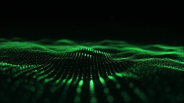 Abstract Green Luminescent Particle Cloud Flowing With Soft Pulsing Light In Deep Black Void