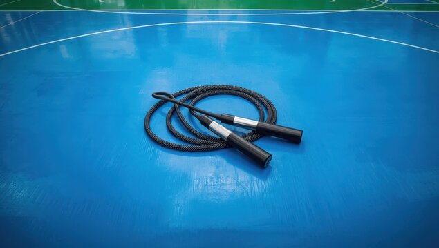 Aerial shot of a jump rope on a sports surface with blank space. Idea of workouts, cardiovascular fitness, and healthy living.
