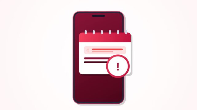 Smartphone calendar alert red warning flat vector animation for urgent deadline and schedule notification