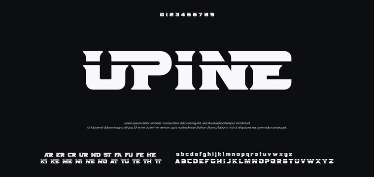 UPINE Creative simple modern urban alphabet font. Digital abstract futuristic, logo, music, sport, minimal technology typography. Simple numeric vector illustration