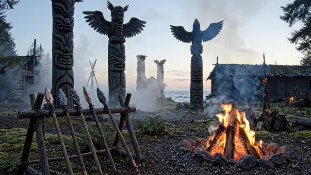 Ancient Indigenous Village with Totem Poles, Campfire, and Spears at Dusk