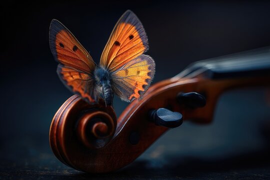 An exquisite, detailed shot showing a butterfly perched on the scroll of a classical stringed instrument