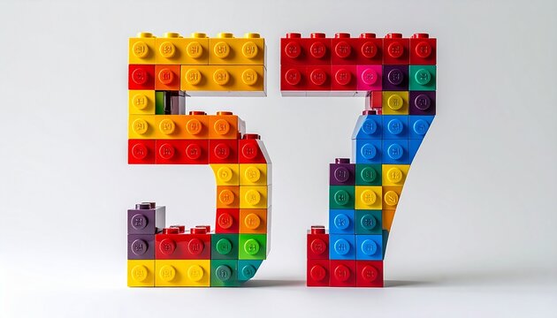 A vibrant three-dimensional number fifty-seven constructed from colorful interlocking plastic building blocks against a clean white background
