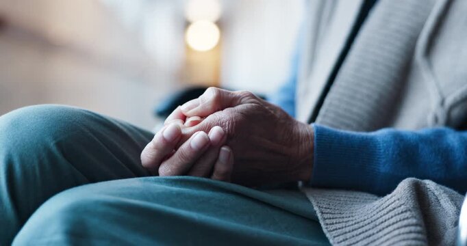 Hands, anxiety and elderly woman in nursing home with worry, concern and nervous for diagnosis. Retirement, facility and person with memory loss, anxious and overwhelmed for dementia or Alzheimers