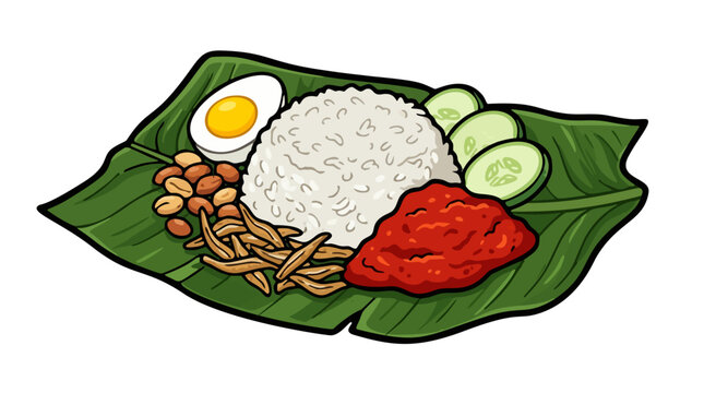 Malaysian nasi lemak coconut rice with sambal, anchovies, peanuts, and egg on banana leaf vector illustration