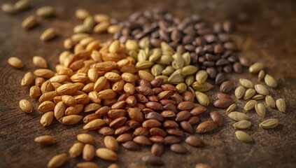 Fototapeta premium Variety of seeds on a wooden surface, overhead view.