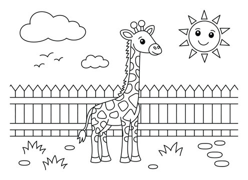 Linda jirafa de dibujos animados en un recinto soleado del zool&oacute;gico para colorear